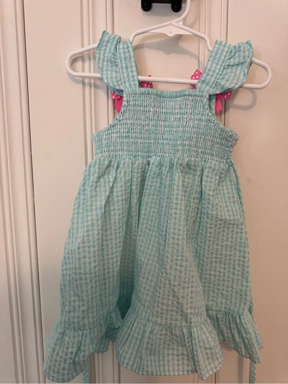 Aqua Gingham Smocked Sundress with Pink Bow Accents - Kids